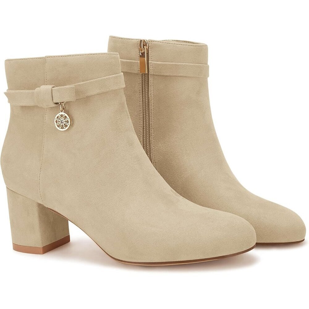 Women’s Beige Vintage Chunky Block Low Heel Boots Tie Knot Zipper Booties